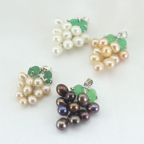 5-6mm Grape Shaped Pearls with Green Leaf Pendants,Silver Plated Natural Pearls Jewelry,Grape Clusters Supplies,Freshwater Pearls Pendant