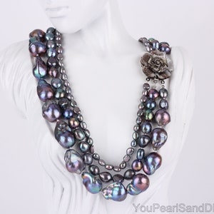 3 Layered Peacock Black Natural Freshwater Pearl Necklace,Handmade Multi-sized Pearl Necklace, Statement Pearls Necklace,Party Necklace,Gift