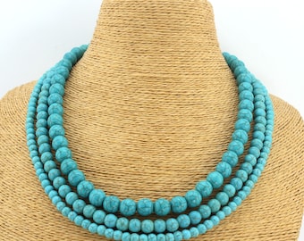 3 Rows Turquoise Bead Necklace,Turquoise Beaded Necklace,Multi-size Necklace,Statement Necklace,Wedding Necklace,Gift For Her-20 Inches-TN10