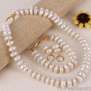 Handmade Natural 15mm White Coin Pearl Necklace/Bracelet/Earrings,Real Freshwater Pearl Choker With Golden Beads,Pearls Jewelry Gift-NL2332
