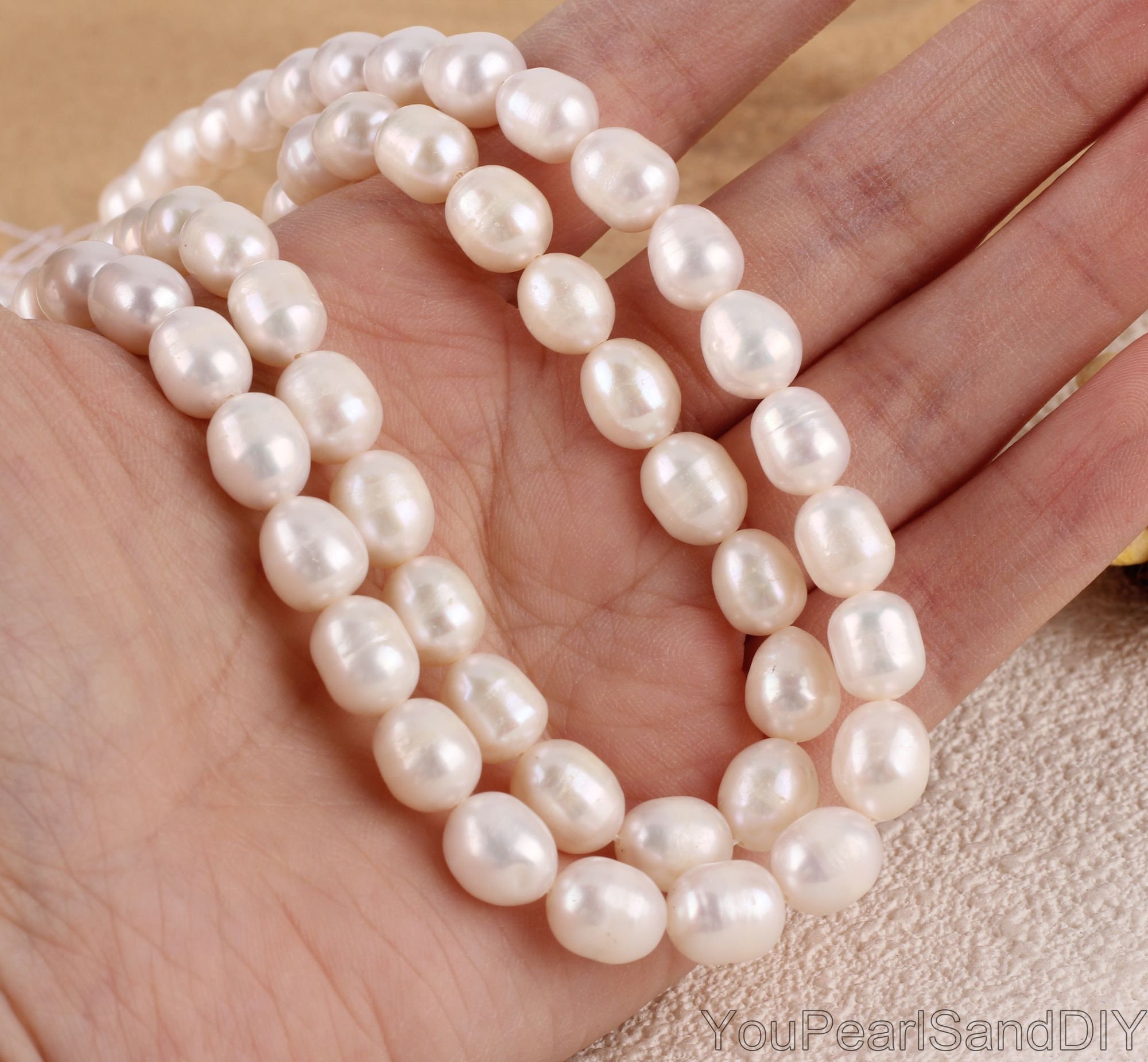 Skysk 8-9mm White Freshwater Cultured Pearl Rice Loose Beads – 15 Inch Strand, Baroque Shape
