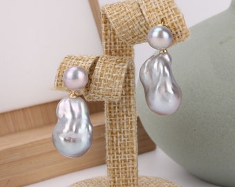 Handmade Large Silver Gray Freshwater Baroqoue Flameball Pearl Earrings,Gold Plated Stud Earrings,Gift