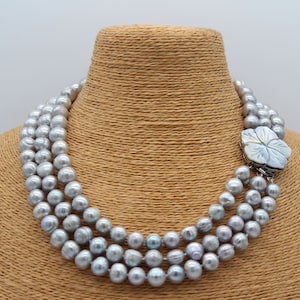 11-12mm 3 Rows Gray Potato Pearl Necklace,Natural Freshwater Pearl Necklace,Statement Necklace,Gift For Mom,Gift For Her,Shell Flower Clasp