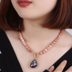 8mm Pink Natural Gemstone Pendant Necklace,Large Black Baroque Pearl Pendant,Handmade Pendant Necklace,Minimalist Necklace,Necklace Gifts
