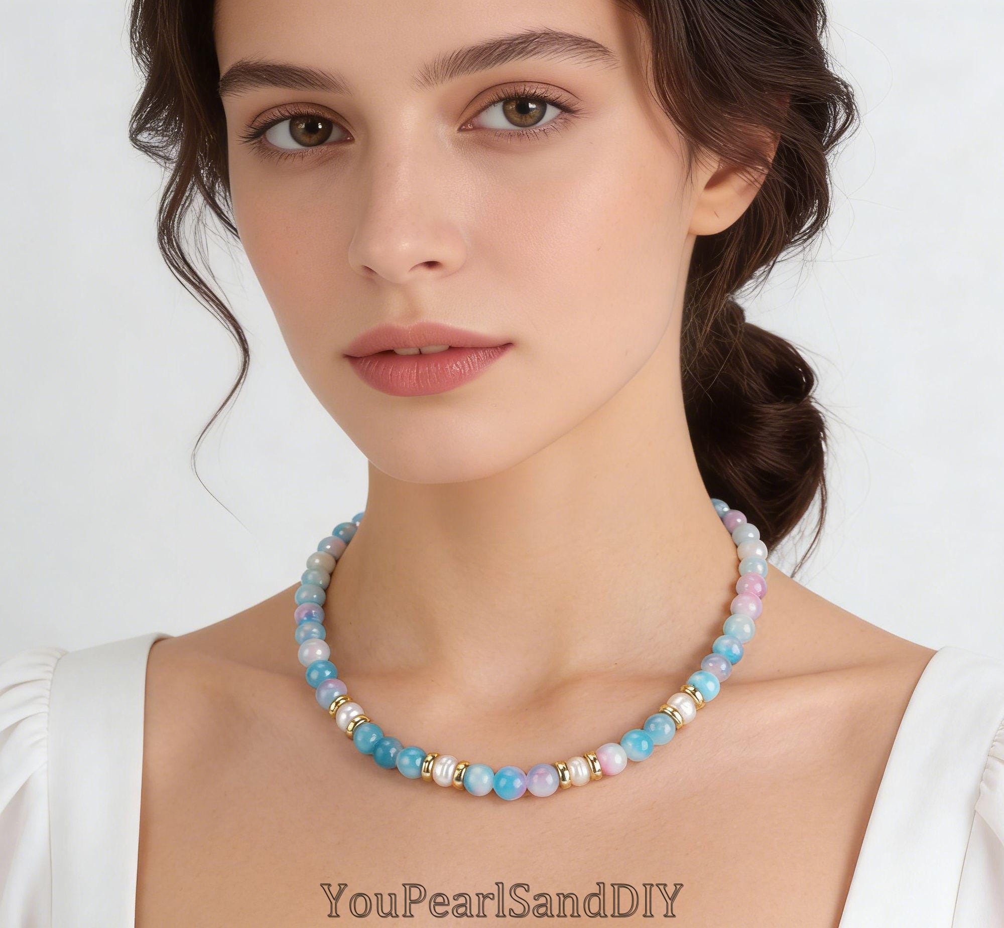 Handmade 6mm Pink Blue White Colorful Persian Jade Beading
