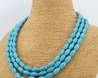 Minimalist Turquoise Beads Necklace,Unique 3 RowsTurquoise Beaded Necklace,Blue Turquoise Statement Necklace,Rare Necklace for Woman-TN04