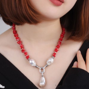 Handmade Real Red Coral Pendant Necklace,Natural White Baroque Pearls Pendant,Statement Necklace,Birthday Gift,Necklaces for Women--NL2380