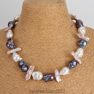 Multi-Typed Natural Pearl Handmade Necklace,Pink Biwa&Peacock Black/White Baroque Pearls Necklace,Freshwater Pearsl Jewelry,Christams Gift