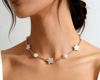 Handmade Natural Freshwater Star&8-9mm Round Pearls Necklace,Wedding Necklace,Bridesmaid Gift