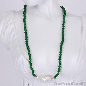4mm Green Round Jade Beaded Necklace,Dainty Jade Necklace,Natural Baroque Pearl Pendant,Green Gemstone Choker,Handmade Jewelry Gift-NL2343