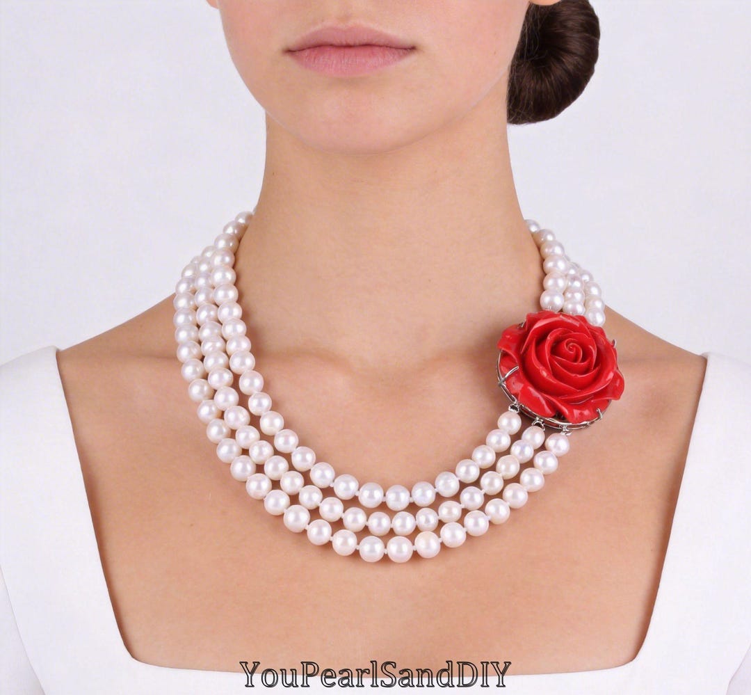 Handmade 8-9mm White Freshwater Pearls Necklace,3 Layered Pearl