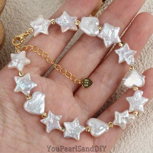 Star&Heart Pearls Bracelet,Unique Handmade Natural Pearls Bracelet,Wedding Pearls Bracelet,Anniversary Gift,Mother&#39;s Day Gift,Gift For Her