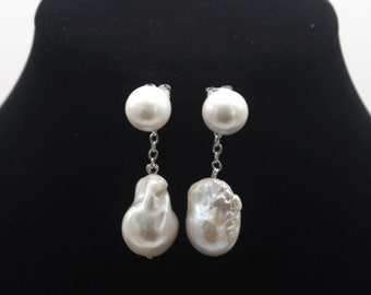 One Pair Fireball Pearl Earrings,Natural White Baroque Pearl Drop Earrings,Freshwater Pearls Earrings,Birthday Gift,Anniversary Gift- NL2261