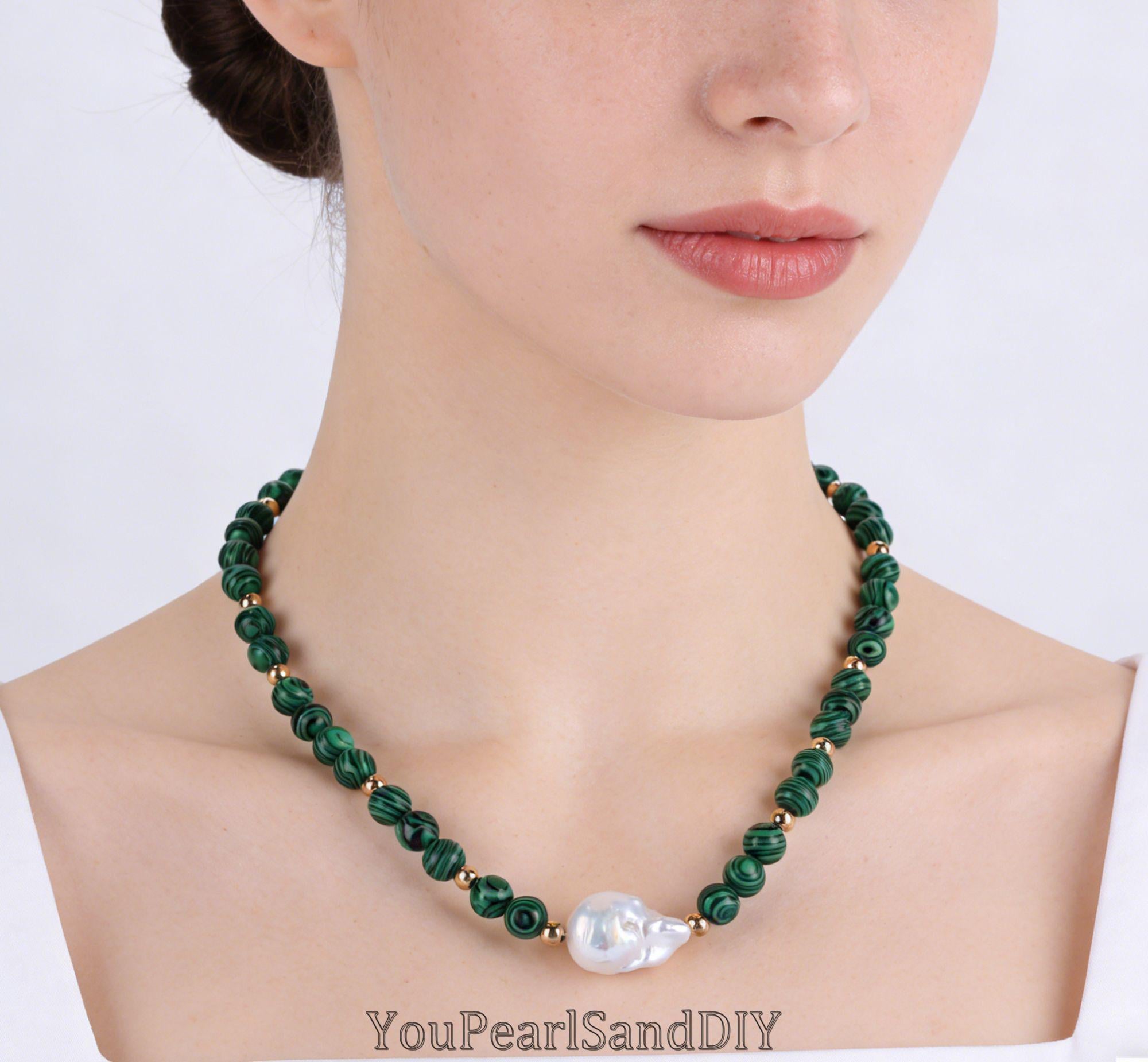 ネックレス・ペンダント Handmade green pearl necklace Handmade Green Round Malachite&natural White Freshwater Baroque