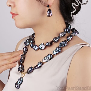 15-17x18-25mm Baroque Pearl Jewelry,Peacock Black Flameball Pearls Necklace/Earrings,Handmade Freshwater Pearls Jewelry,Gift For Her-NL2201