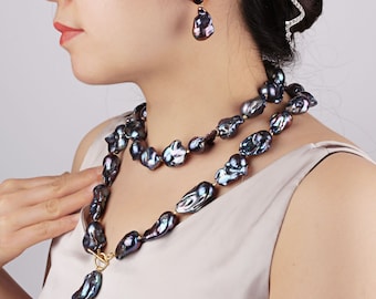 15-17x18-25mm Baroque Pearl Jewelry,Peacock Black Flameball Pearls Necklace/Earrings,Handmade Freshwater Pearls Jewelry,Gift For Her-NL2201
