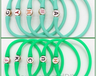 2PCS-Initial &18 colors Rubber Bracelet,Letters Green Silicone Rubber Waterproof Stretch Bracelet,Customed Rubber Bracelet,Gift For Her-W049