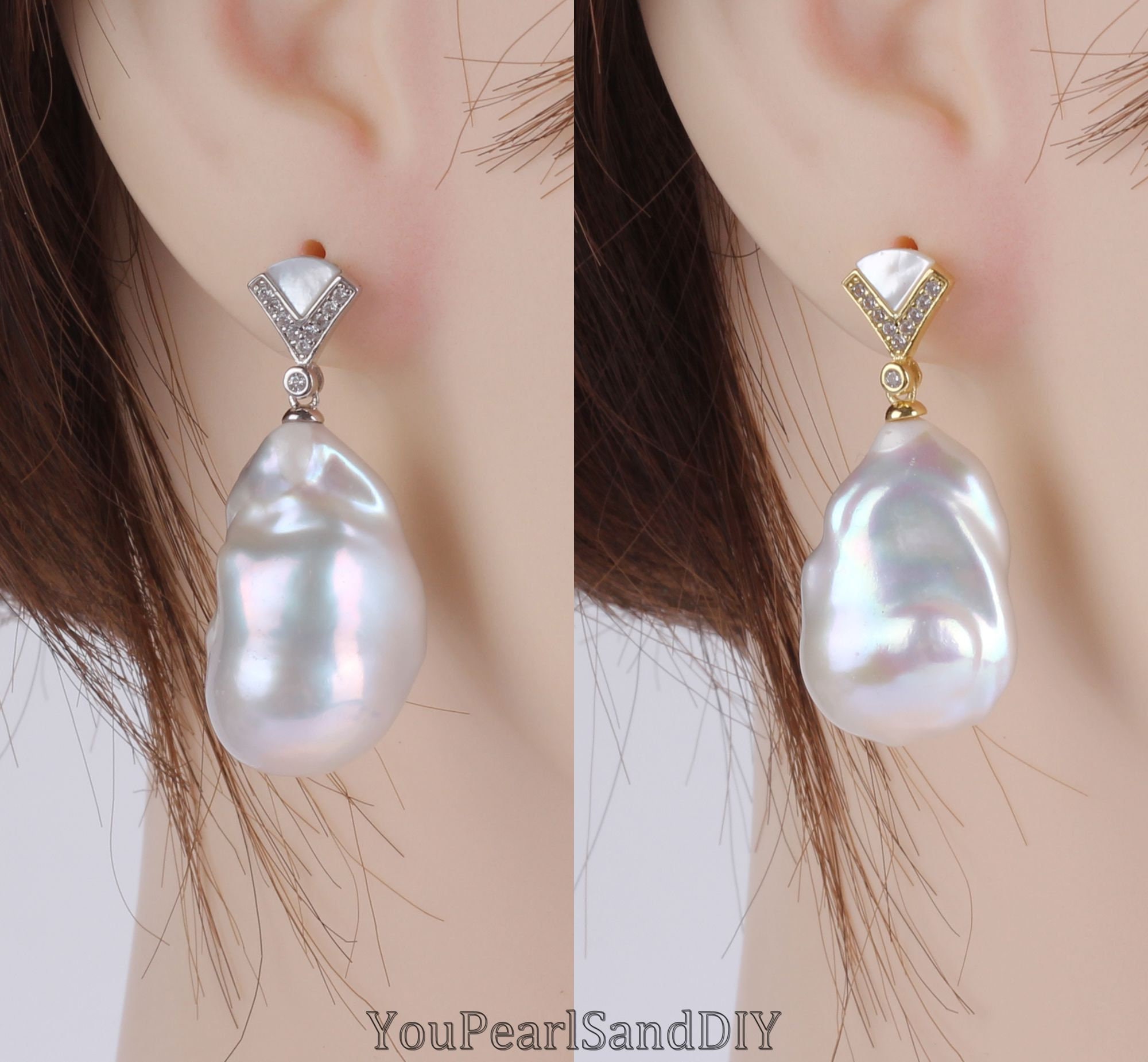 Boucles D'Oreilles Vintage à Crochet Avec Pampilles Perles Blanches Baroque - Occasion