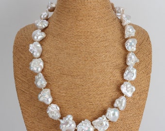 17x25mm Natural White Large Baroque Pearl Necklace,Handmade Freshwater Flameball Pearls Necklace,Statement Necklace,Necklace Gifts for Her