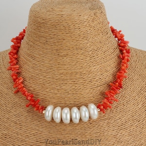 Orange Stick Coral&Natural Abacus Pearls Necklace,8x15MM Natural Freshwater Pearls,Necklace for Friend,Necklaces for Women,Christmas Gifts