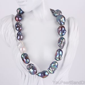 14-16x18-25MM Peacock Black Baroque Pearl Necklace with White Pearl,Natural Flameball Pearl Necklace,Real Pearl Necklace,Statement Necklace