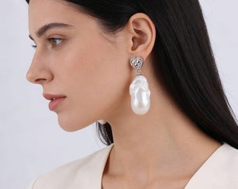 Pendientes de perla barroca blanca grande de 14-19 x 22-25 mm, para boda o novia, regalo de joyería de perlas para ella - E015