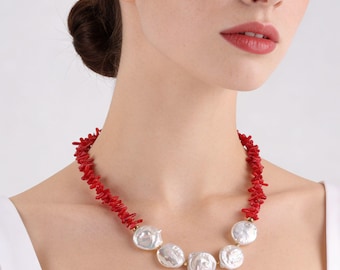 19-20 mm parels en 5 x 8 mm koraalkralenketting, echt rood/oranje koraalkralenketting met zoetwaterwitte muntparel, cadeau