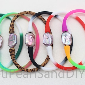 1PC One Pearl&6 Colors of Rainbow Silicone Rubber Waterproof Stretch Bracelet,White/Pink/Purple Natural Pearls Rubber Bracelet,Gift --W032