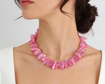 7-9x23-26mmQuartz Necklace,Handmade Pink Quartz Choker,Natural Raw Crystal Necklace,Stick Crystal Necklace,Christmas Gift,Statement Necklace
