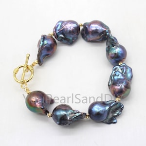 Large Peacock Blue Baroque Pearl Bracelet,AAA Big Natural Baroque Pearl Bracelet,Nucleated Pearl Bracelet,Christmas Gift,Anniversary-B2201