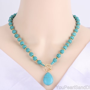 Handmade Round Turquoise Beaded With Blue Turquoise Pendant Necklace,Statement Turquoise Necklace,Turquoise Beaded Necklace,Gifts For Her