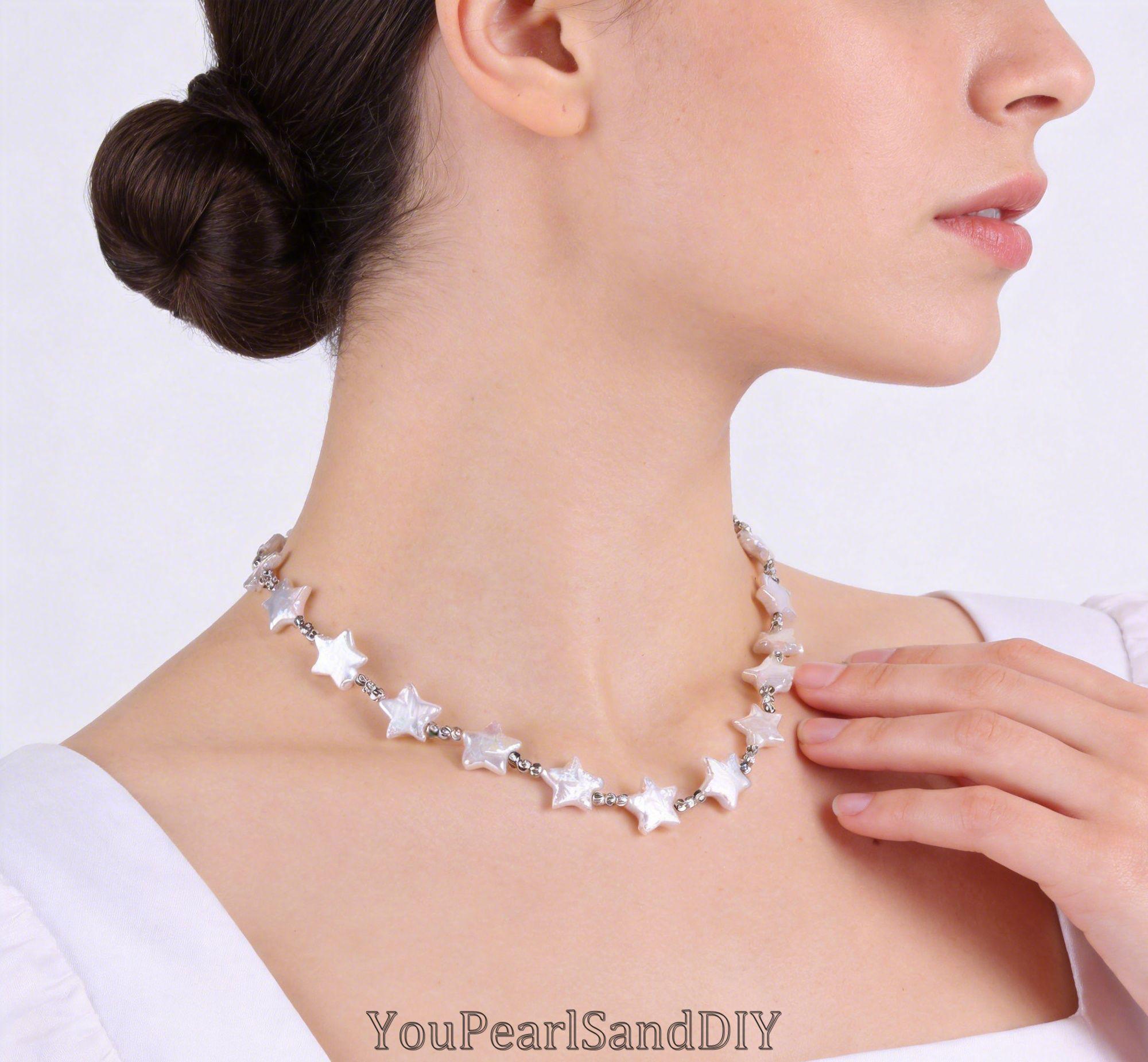 Handmade 13mm Natural White Freshwater Star Pearl Necklace/choker 