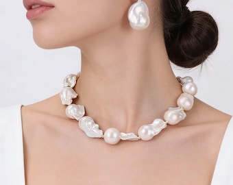 Baroque Pearl Choker Necklace & Earring Set, Large Irregular Pearl Jewelry, Statement Bridal Necklace, Unique Gift for Her