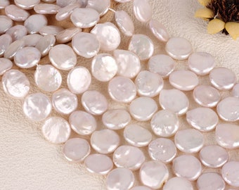 15-17mm Natural White Freshwater Coin Pearl Beads,Round Coin Pearl Beads,AA Cultured Pearl Beads ,Full Strand-15 inches-NK001-1