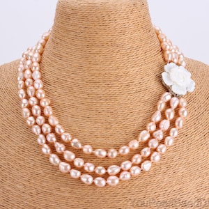 8mm 3 Layered High Luster Natural Pink Freshwater Pearl Necklace,Handmade Pearl Necklace With Shell Flower Clasp,Gift For Her,Party Necklace