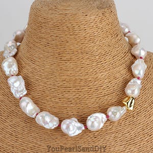 16-18x20-23mm White Baroque Pearls Necklace,Hand-knotted Pink Thread Pearls Necklace,Genuine Freshwater Pearls Necklace,Pearl Necklace Gift