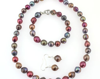 10-12mm reizende bunte natürliche Edison Perlen Halskette / Armband / Ohrringe, handgemachte Perle Schmuckset, Geschenk zum Valentinstag, Geschenk für Her-EN001