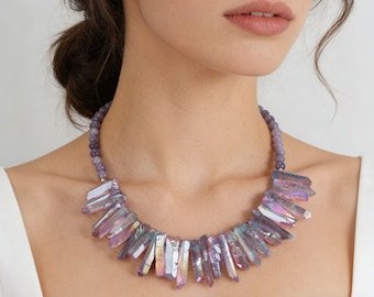 Collier de perles de quartz naturel et de calcédoine violette, pierres précieuses de guérison, collier fait main, cadeaux pour elle, élégant collier violet, cadeau de Noël