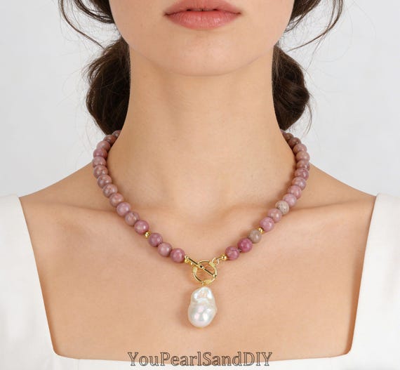 8mm天然レアピンクロードナイトビーズ＆ホワイトバロックパール 