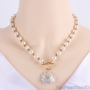 8mm High Luster White Small Round Shell Beads&Natural Sunflower Pendant Necklace,Natural Freshwater Sun Shaped Pearls Pendant,Gift for Her