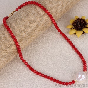 5-6mm Red Coral Beads Necklace,Red Croal Necklace With Natural Baroque Pearl Pendant,Red Coral Necklace,Handmade Minimalist Necklace,Gift