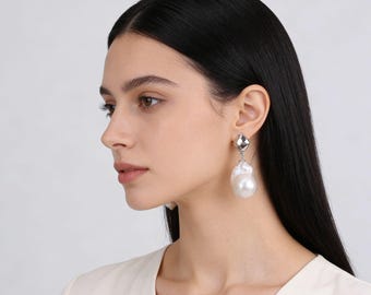 Pendientes de perlas barrocas hechas a mano (14-19 x 22-25 mm), perla blanca natural de agua dulce, pendientes de novia, regalo - E017