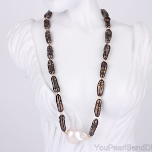 Biwa Stick Pearl Necklace With Gold Lobster Clasp,Brown Biwa Freshwater Pearl Necklace,Pearl Jewelry For Women,Birthday Gift-NL2366