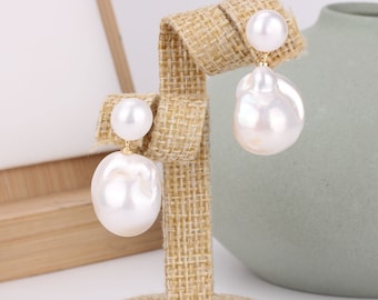13-16mmx18-25m White Baqoue Flameball Pearls Earrings,Large Freshwater Pearl Drop Earrings,Gold Plated Stud Earrings,Handmade Jewelry-PE2324
