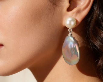 Gray Natural Baroque Pearl Earrings, Handmade Statement Jewelry Gift for Her