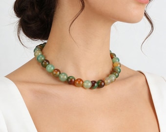 10mm Natural Peacock Healing Agate Beading Necklace,Handmade Gemstone Necklace,Gift for Her