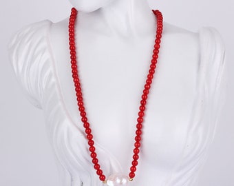 5-6mm Red Coral Beaded Necklace With Natural Baroque Pearl Pendant,Elegant Handmade Minimalist Jewelry,Gift for Her,Pearls Necklace-NL2338