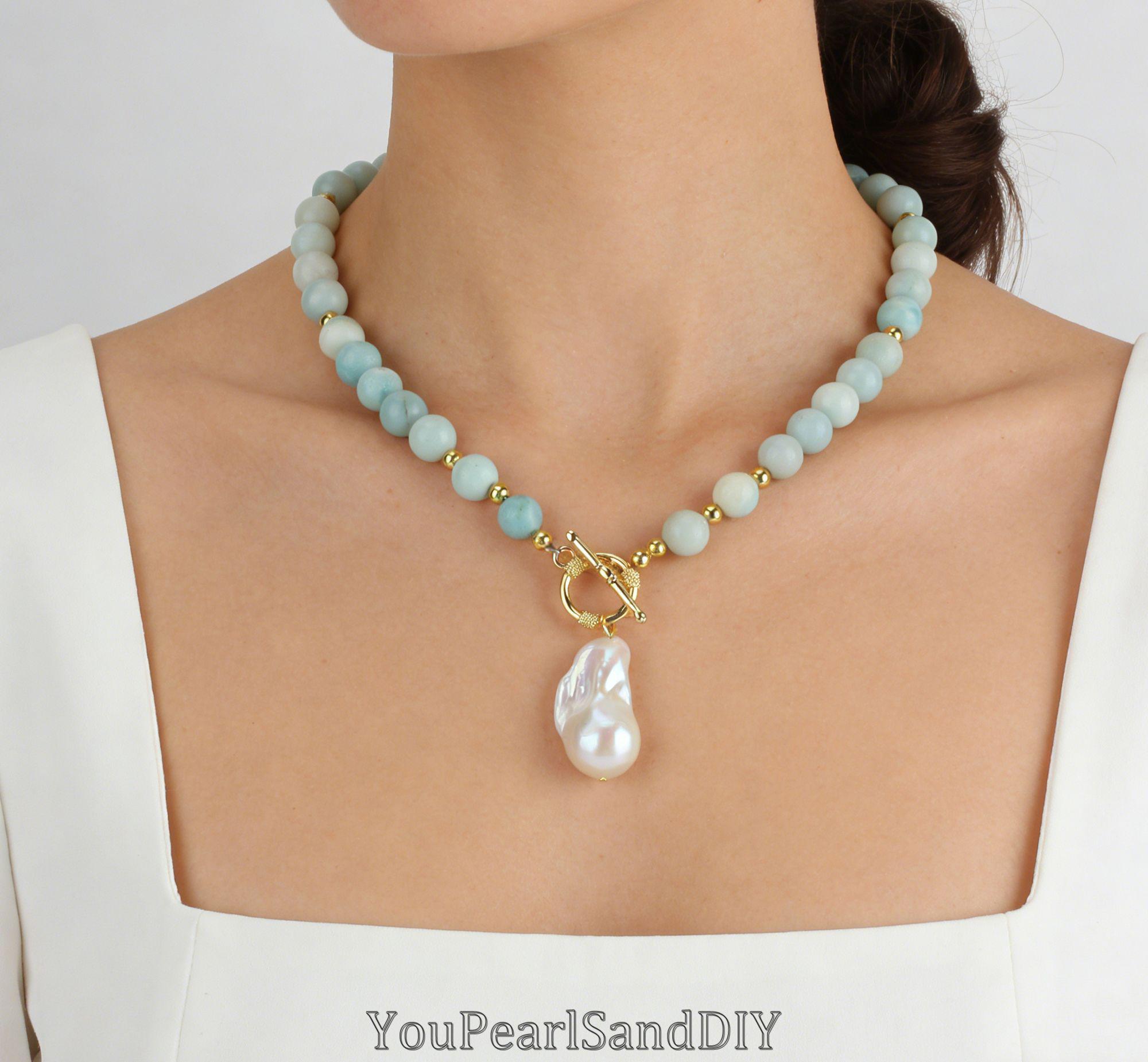 8mm Natural Amazonite Beads&white Baroque Pearl,handmade Gemstone