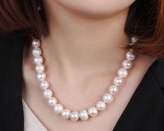 Collar de perlas redondas blancas naturales de 11-12 mm hecho a mano, joyería nupcial/boda, collar clásico, regalos