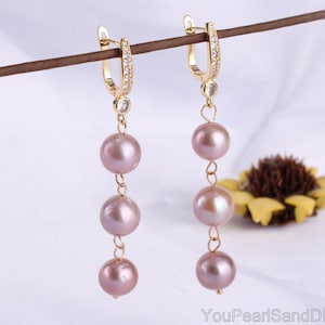 Elengant High Quality Purple Edison Freshwater Pearl  Earrings,Long Pearl Earrings,Gold Plated Dangle Earrings,Handmade Jewelry Gifts-PE2342